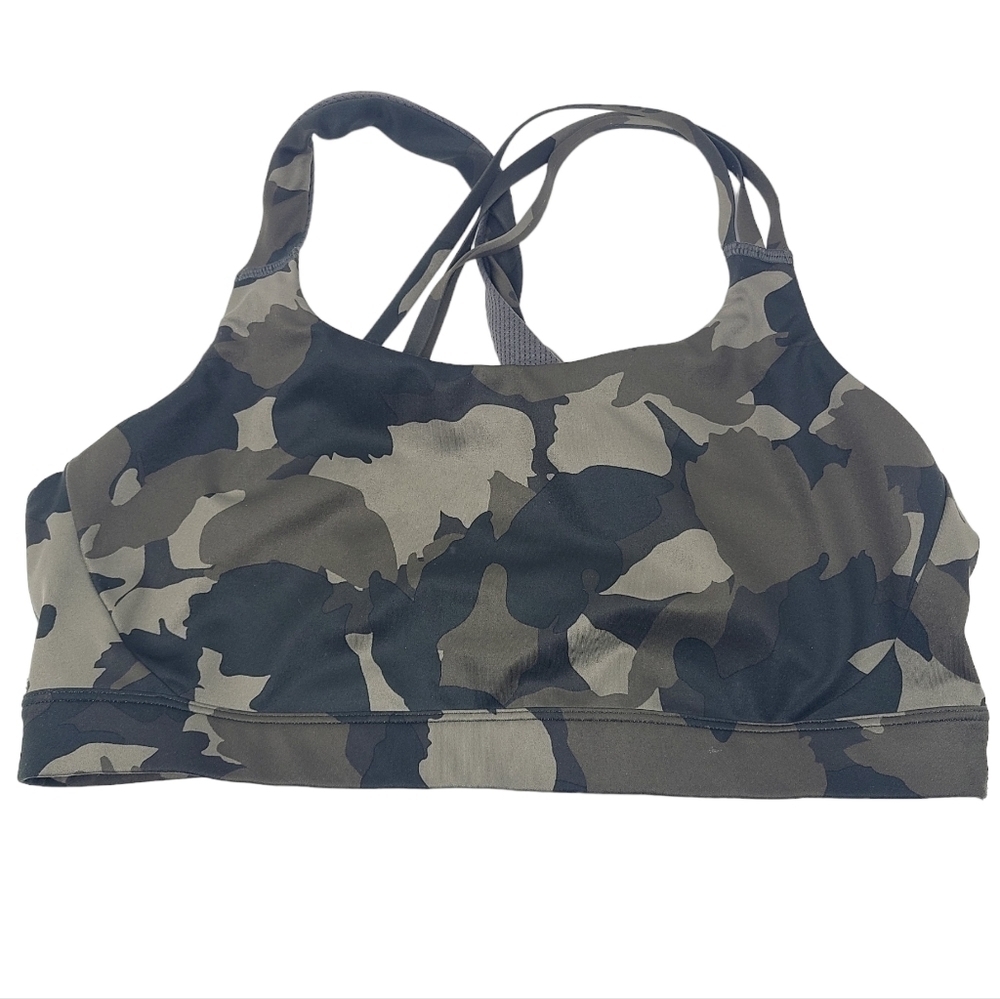 Athleta | Women's Run Free Strappy Sports Bra in Green Camo Print (Size XL)